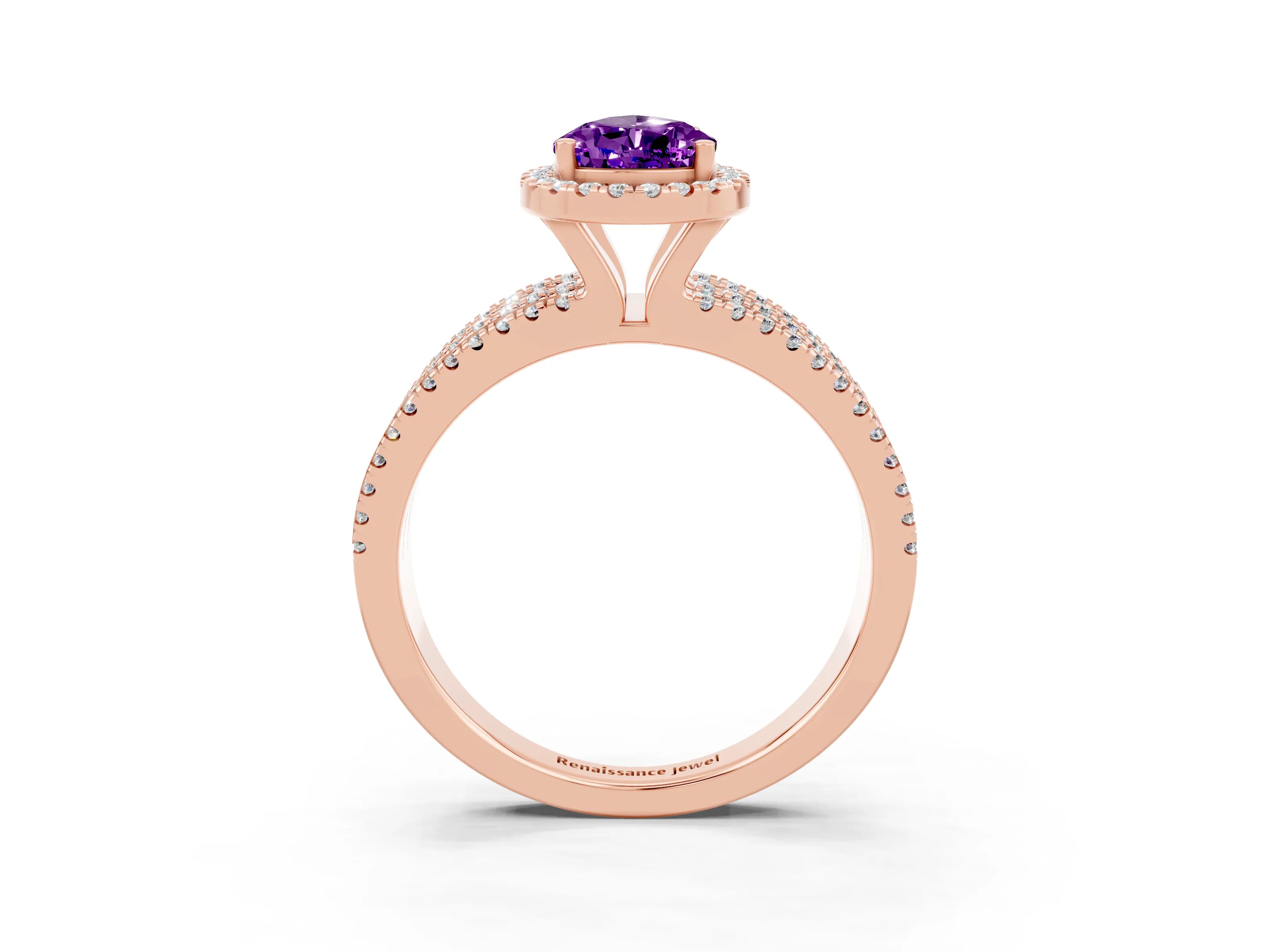 Rose gold {shape_name} Amethyst Halo Engagement Ring with Split Shank and Four-Prong Setting_3