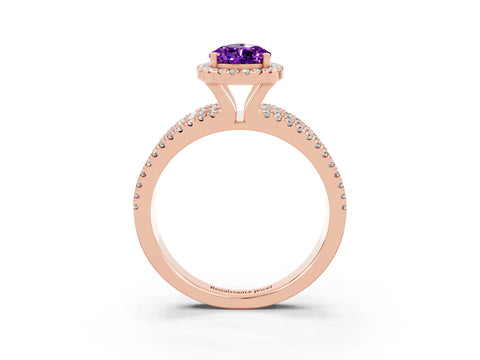 Rose gold {shape_name} Amethyst Halo Engagement Ring with Split Shank and Four-Prong Setting_3