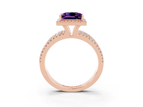 Rose gold {shape_name} Amethyst Halo Engagement Ring with Split Shank and Four-Prong Setting_3