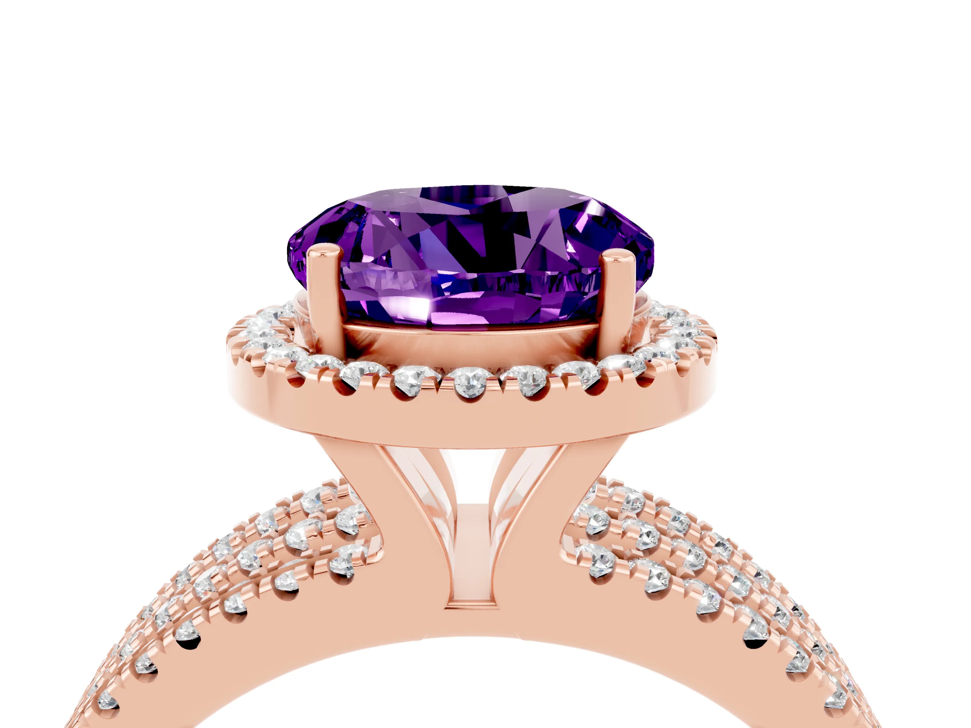 Rose gold {shape_name} Amethyst Halo Engagement Ring with Split Shank and Four-Prong Setting_4