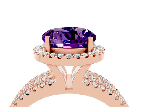 Rose gold {shape_name} Amethyst Halo Engagement Ring with Split Shank and Four-Prong Setting_4