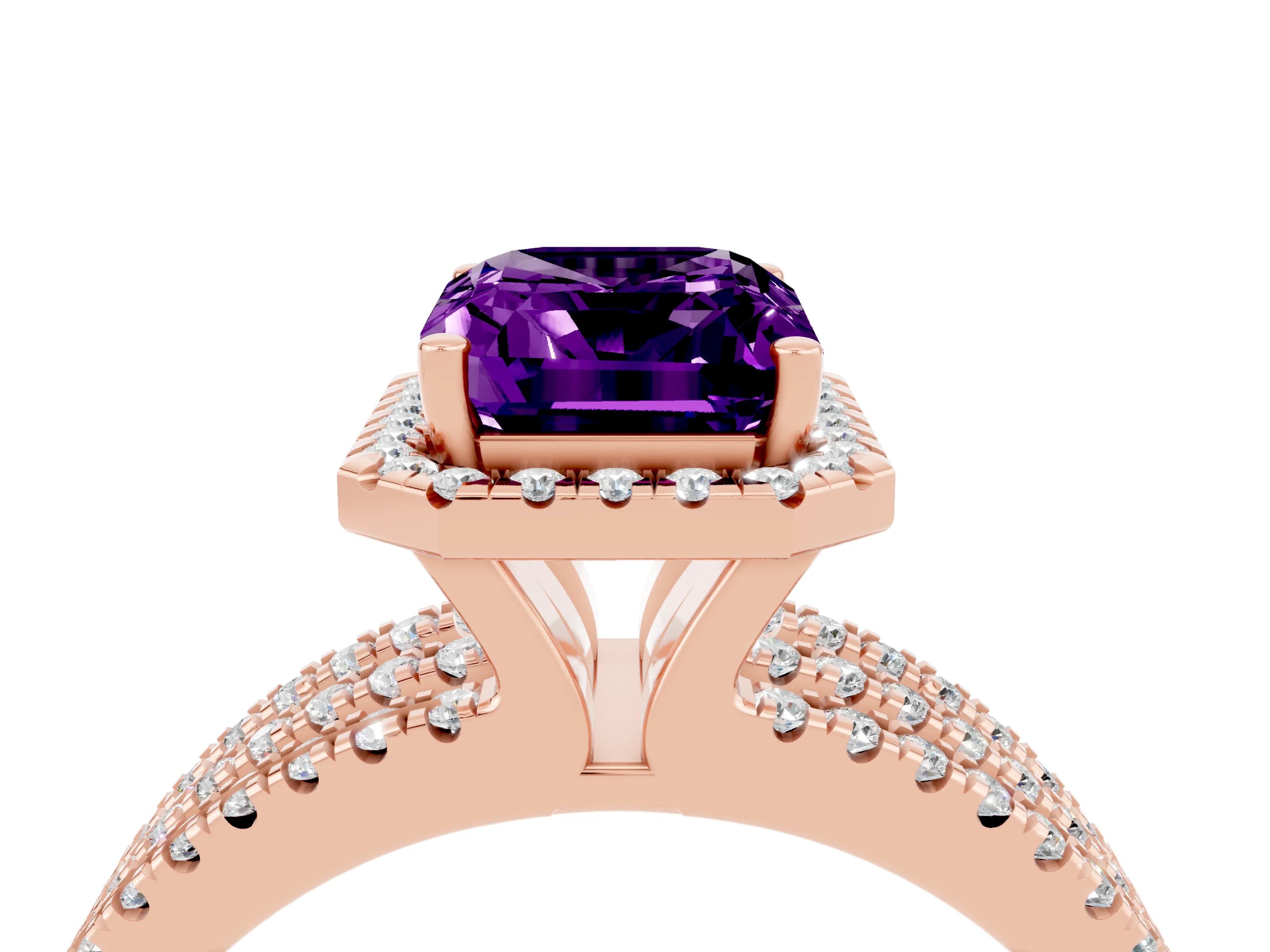 Rose gold {shape_name} Amethyst Halo Engagement Ring with Split Shank and Four-Prong Setting_4