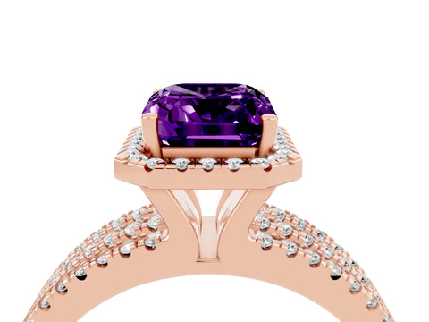 Rose gold {shape_name} Amethyst Halo Engagement Ring with Split Shank and Four-Prong Setting_4