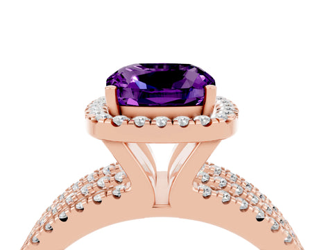 Rose gold {shape_name} Amethyst Halo Engagement Ring with Split Shank and Four-Prong Setting_4