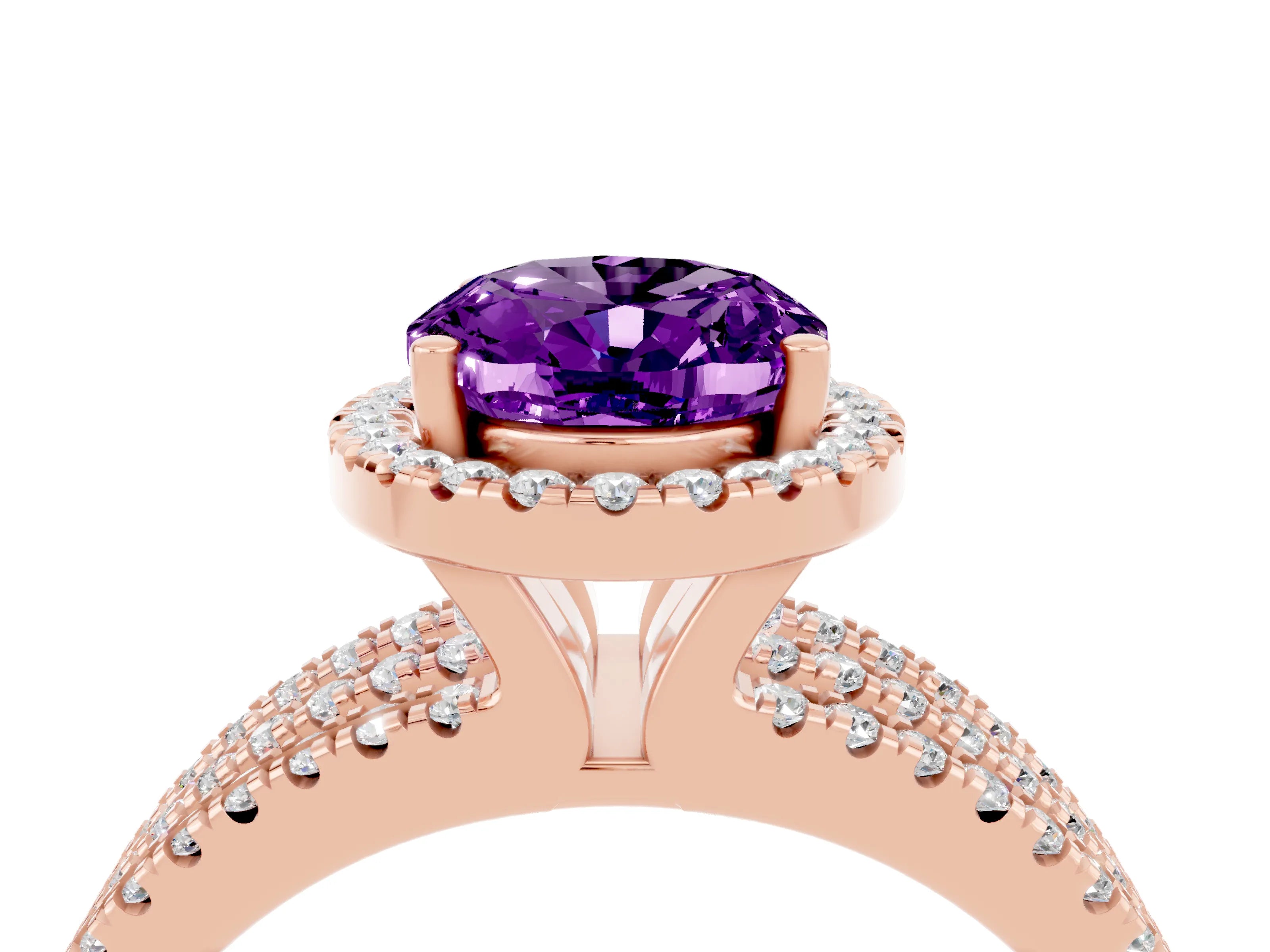 Rose gold {shape_name} Amethyst Halo Engagement Ring with Split Shank and Four-Prong Setting_4