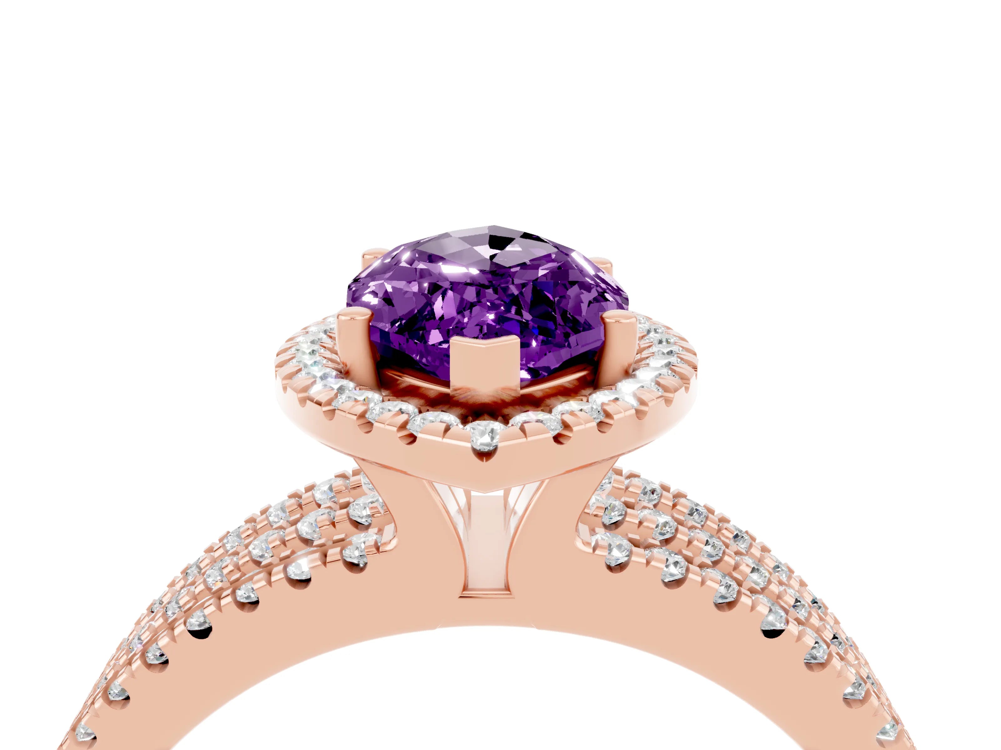 Rose gold {shape_name} Amethyst Halo Engagement Ring with Split Shank and Four-Prong Setting_4