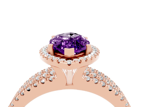 Rose gold {shape_name} Amethyst Halo Engagement Ring with Split Shank and Four-Prong Setting_4