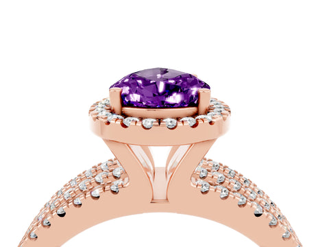 Rose gold {shape_name} Amethyst Halo Engagement Ring with Split Shank and Four-Prong Setting_4