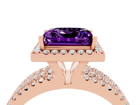 Rose gold {shape_name} Amethyst Halo Engagement Ring with Split Shank and Four-Prong Setting_4