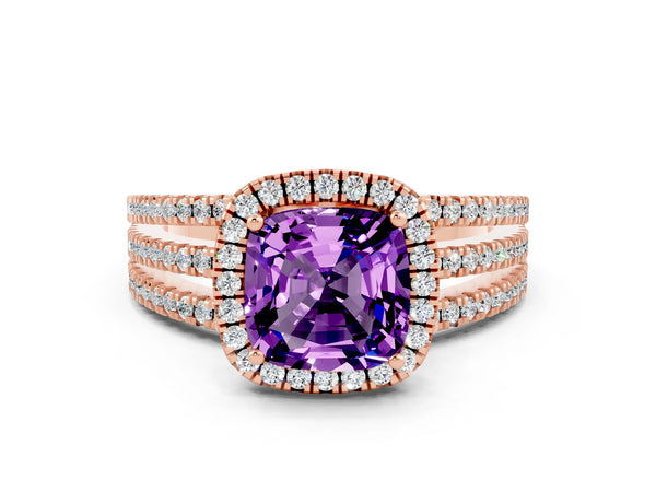 Rose gold Cushion Cut Amethyst Halo Engagement Ring with Split Shank and Four-Prong Setting