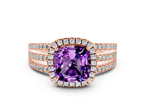 Rose gold {shape_name} Amethyst Halo Engagement Ring with Split Shank and Four-Prong Setting