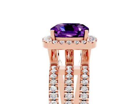 Rose gold {shape_name} Amethyst Halo Engagement Ring with Split Shank and Four-Prong Setting_5