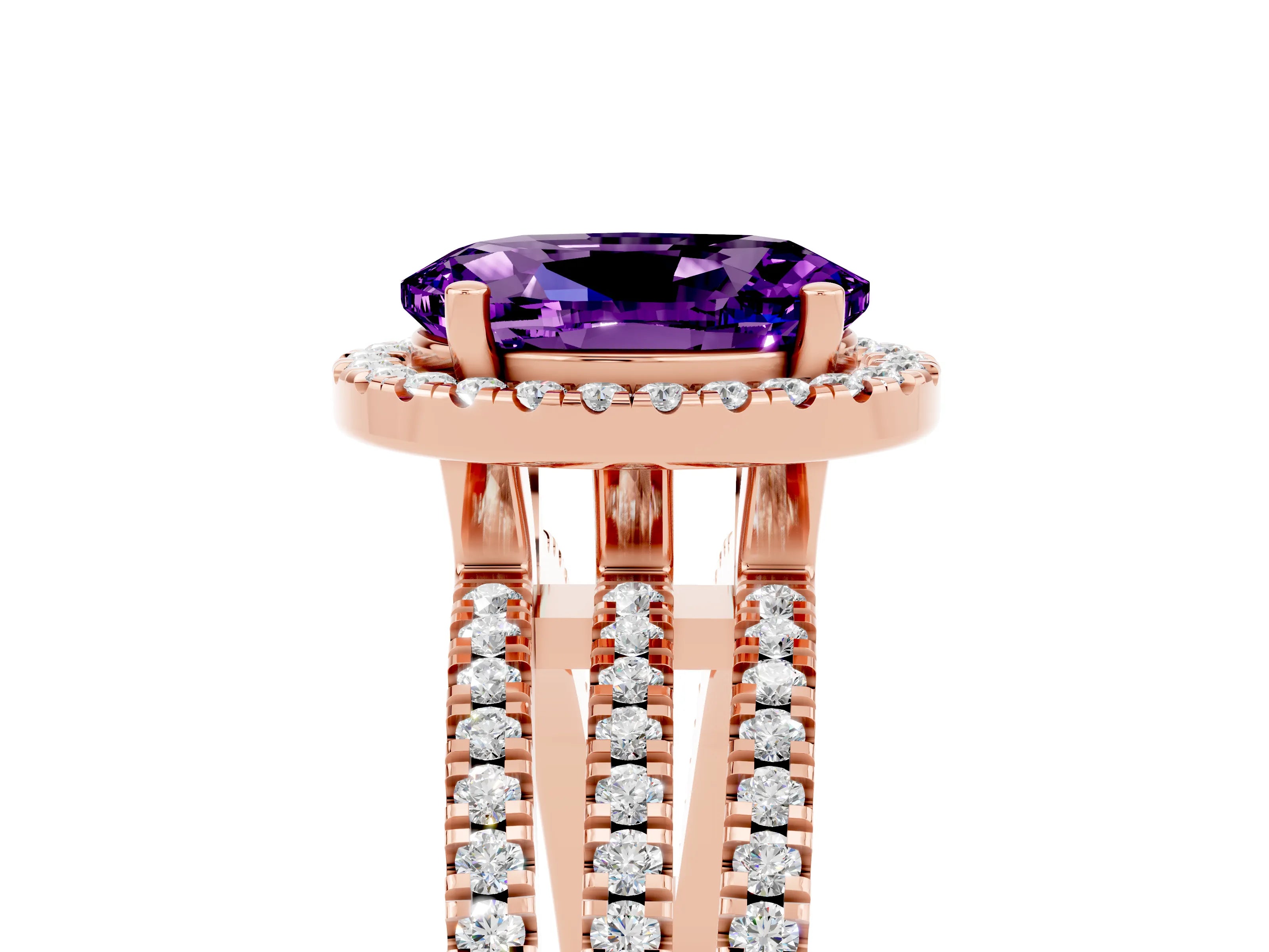 Rose gold {shape_name} Amethyst Halo Engagement Ring with Split Shank and Four-Prong Setting_5