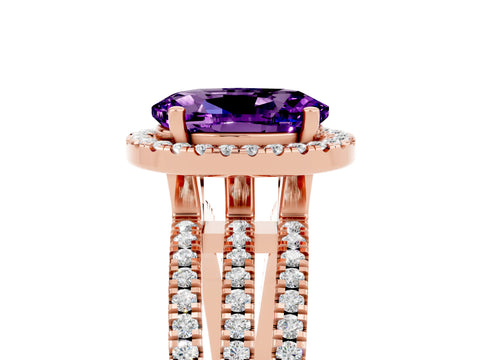 Rose gold {shape_name} Amethyst Halo Engagement Ring with Split Shank and Four-Prong Setting_5
