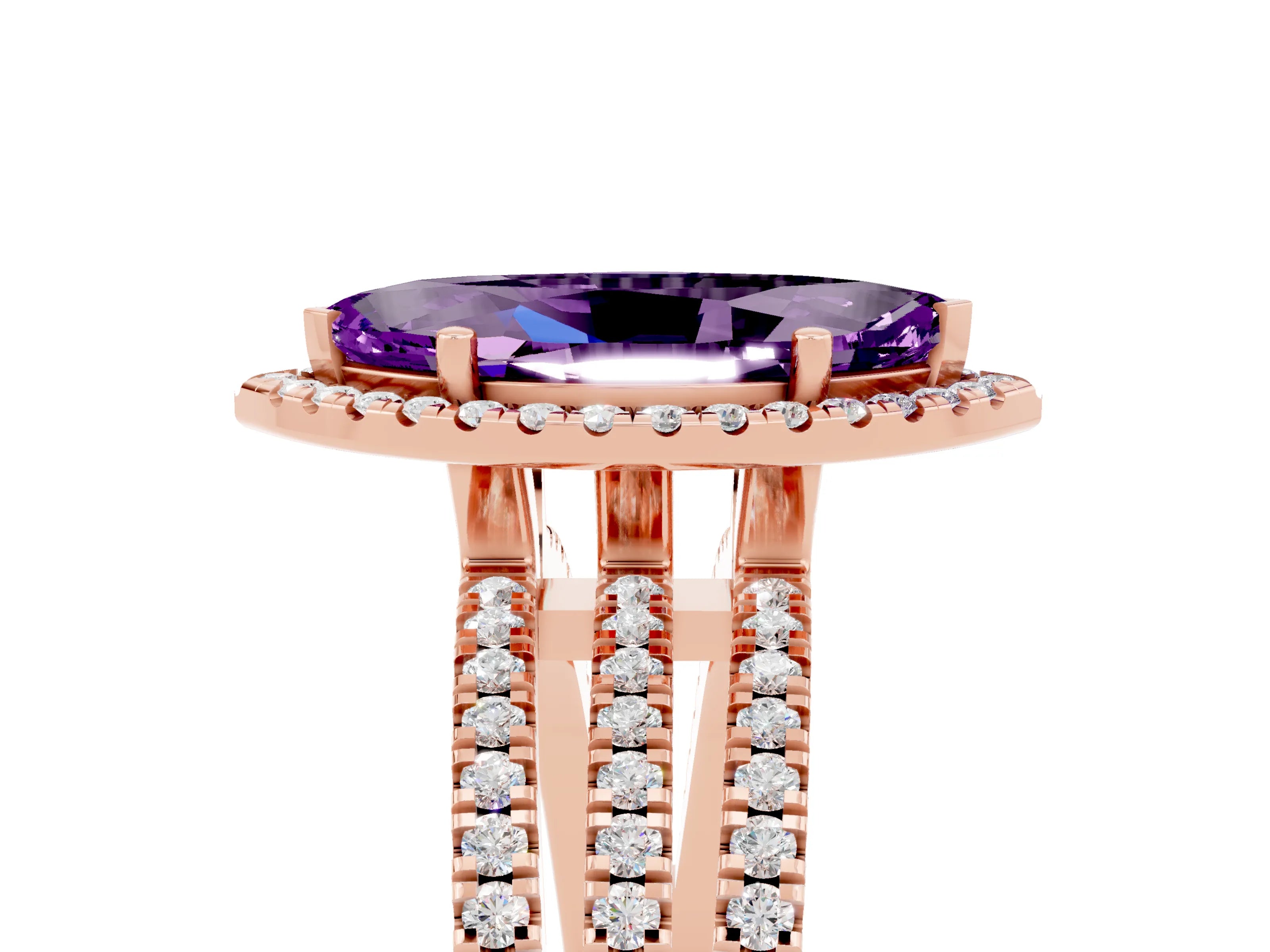 Rose gold {shape_name} Amethyst Halo Engagement Ring with Split Shank and Four-Prong Setting_5