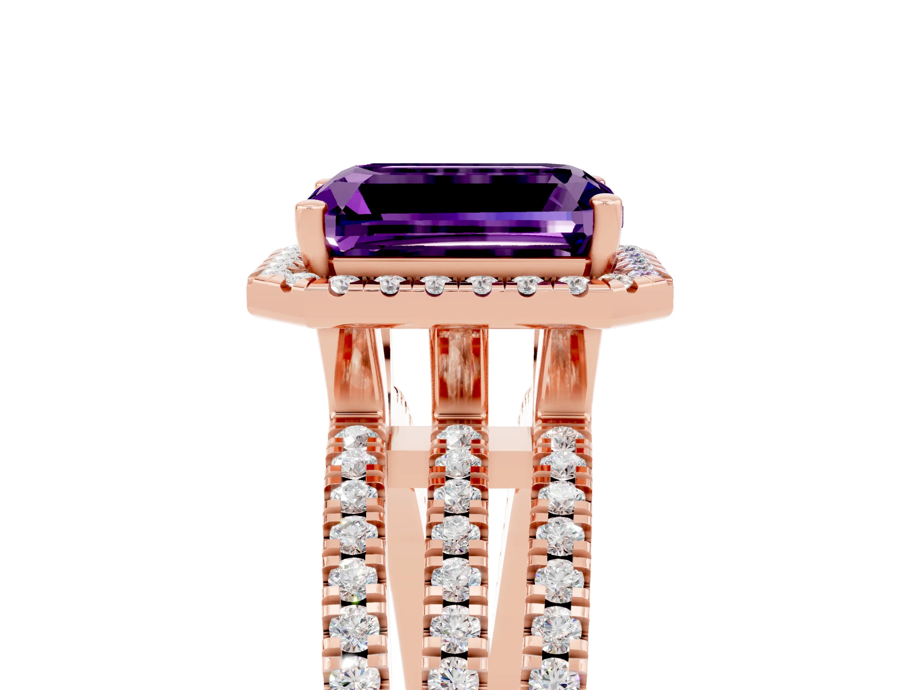 Rose gold {shape_name} Amethyst Halo Engagement Ring with Split Shank and Four-Prong Setting_5