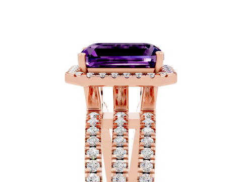 Rose gold {shape_name} Amethyst Halo Engagement Ring with Split Shank and Four-Prong Setting_5