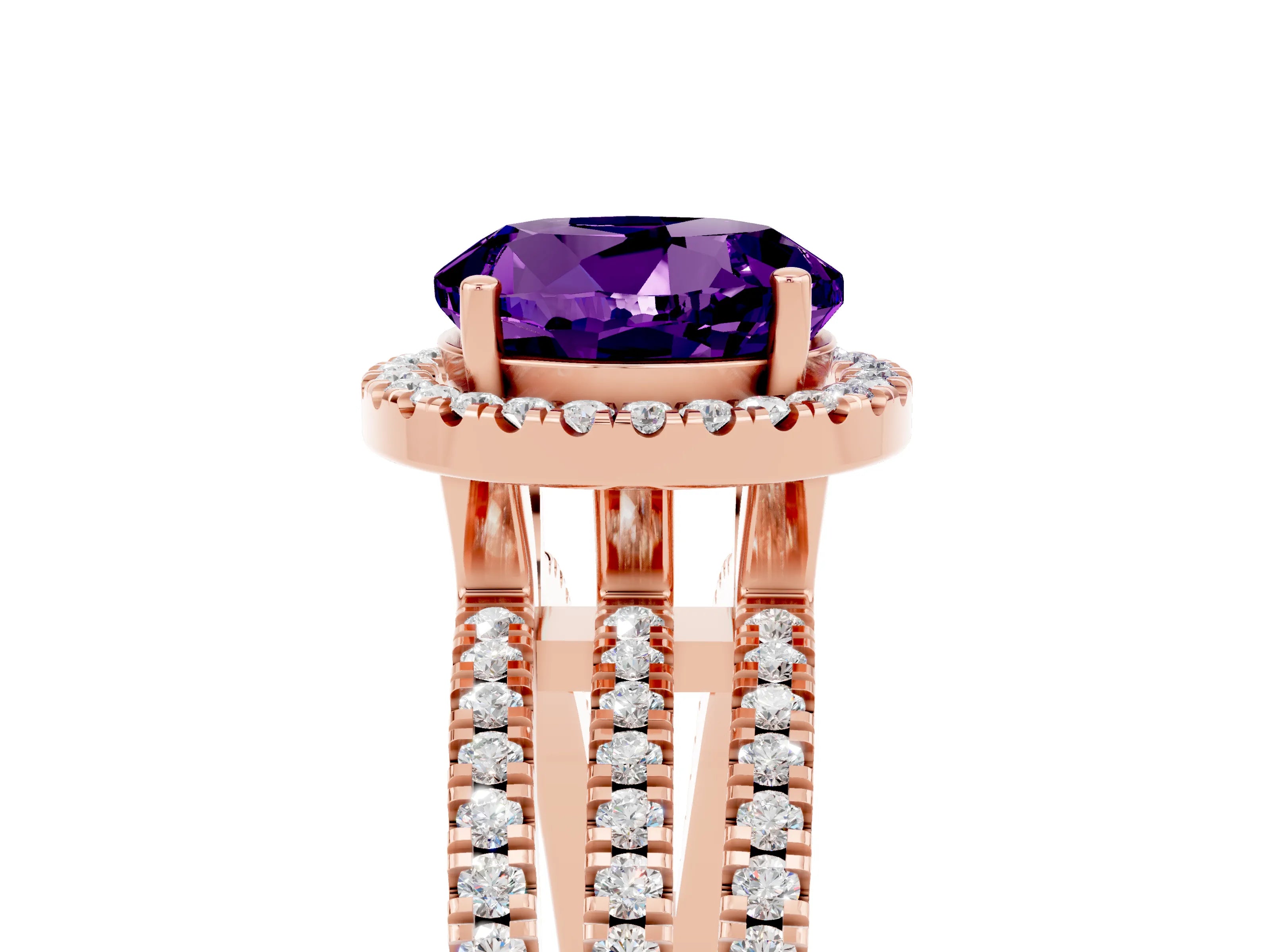Rose gold {shape_name} Amethyst Halo Engagement Ring with Split Shank and Four-Prong Setting_5