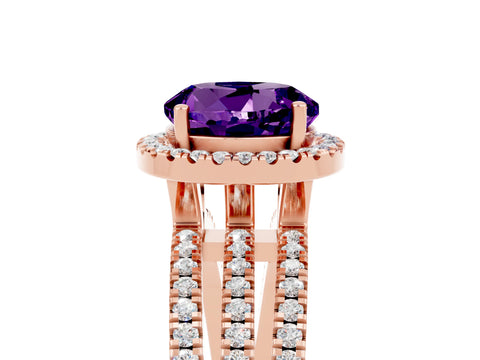 Rose gold {shape_name} Amethyst Halo Engagement Ring with Split Shank and Four-Prong Setting_5