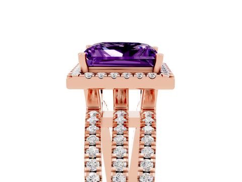 Rose gold {shape_name} Amethyst Halo Engagement Ring with Split Shank and Four-Prong Setting_5