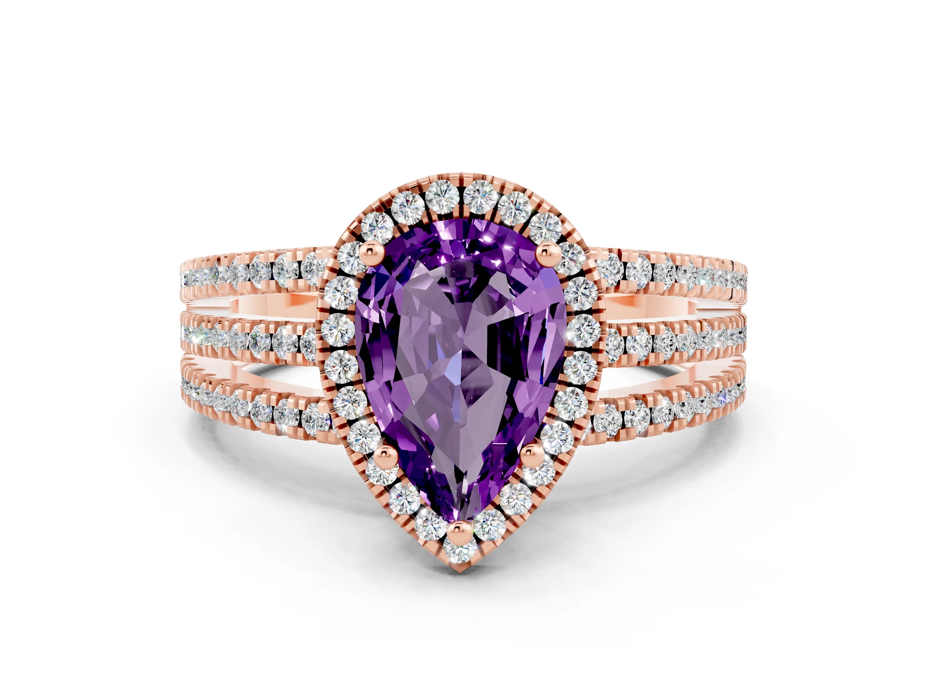 Rose gold {shape_name} Amethyst Halo Engagement Ring with Split Shank and Four-Prong Setting