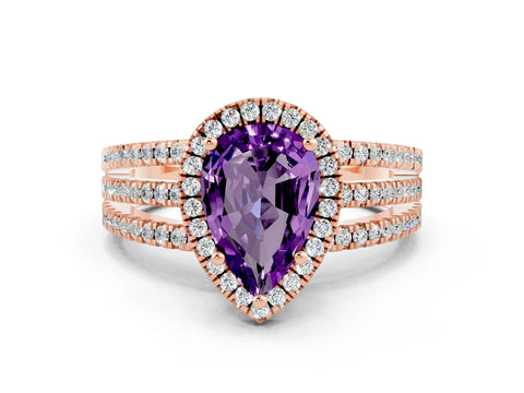 Rose gold {shape_name} Amethyst Halo Engagement Ring with Split Shank and Four-Prong Setting