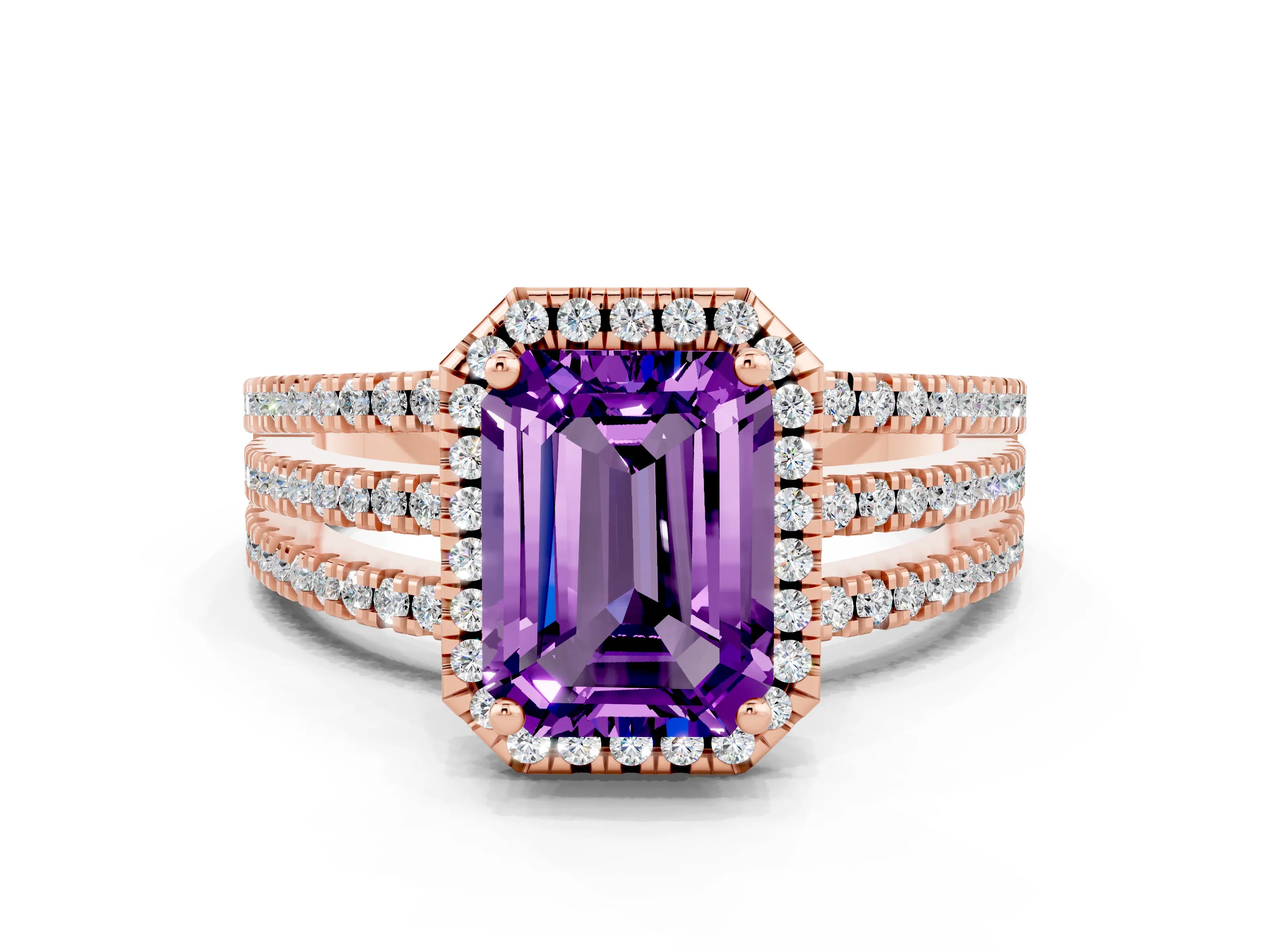 Rose gold {shape_name} Amethyst Halo Engagement Ring with Split Shank and Four-Prong Setting