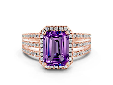 Rose gold {shape_name} Amethyst Halo Engagement Ring with Split Shank and Four-Prong Setting
