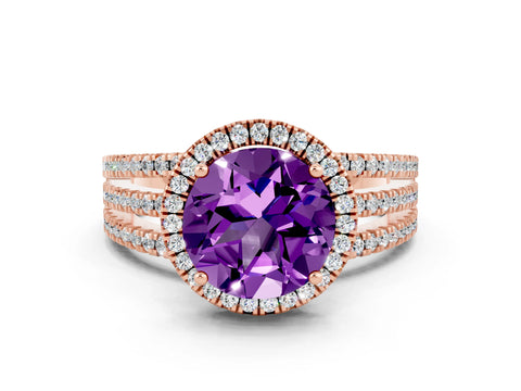 Rose gold {shape_name} Amethyst Halo Engagement Ring with Split Shank and Four-Prong Setting