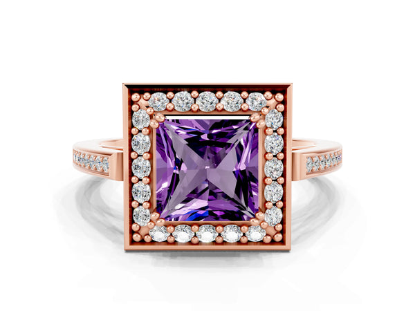 Rose gold Princess Cut Amethyst Halo Ring with Split Shank and Four-Prong Setting