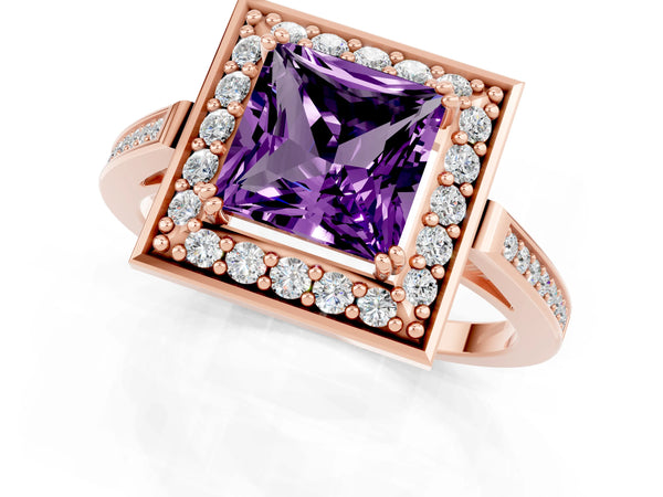 Rose gold Princess Cut Amethyst Halo Ring with Split Shank and Four-Prong Setting