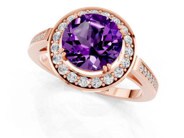 Rose gold Round Cut Amethyst Halo Ring with Split Shank and Four-Prong Setting