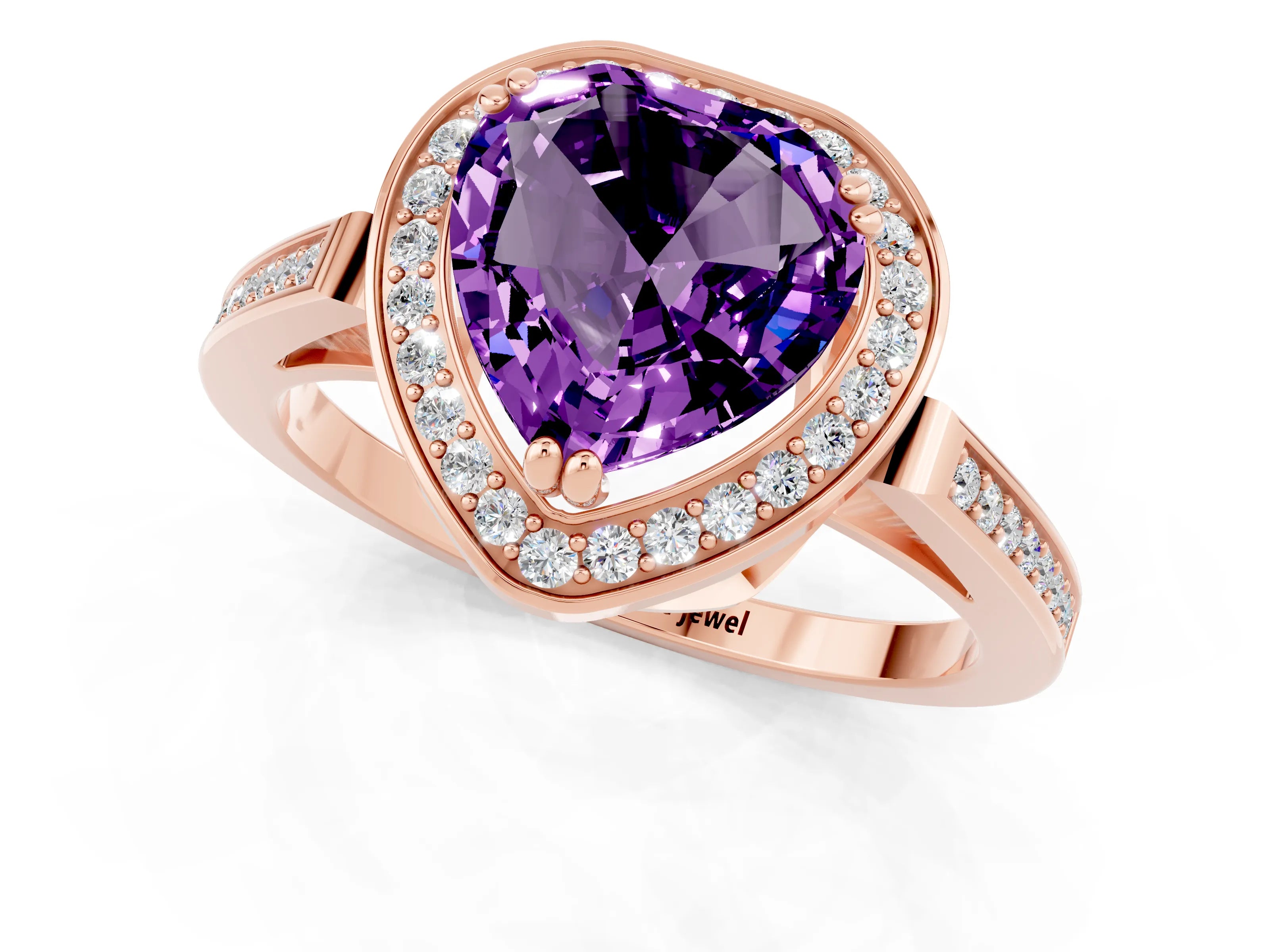 Rose gold {shape_name} Amethyst Halo Ring with Split Shank and Four-Prong Setting_1