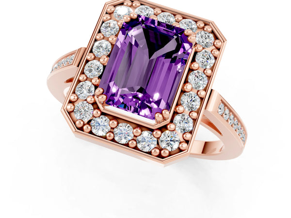 Rose gold Emerald Cut Amethyst Halo Ring with Split Shank and Four-Prong Setting