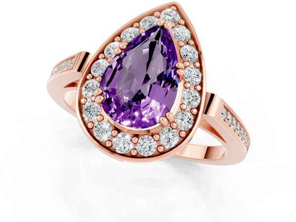 Rose gold Pear Cut Amethyst Halo Ring with Split Shank and Four-Prong Setting