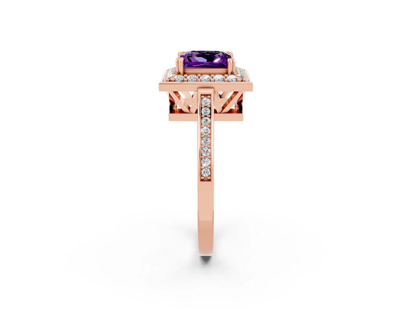 Rose gold Princess Cut Amethyst Halo Ring with Split Shank and Four-Prong Setting