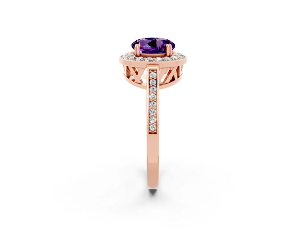 Rose gold Round Cut Amethyst Halo Ring with Split Shank and Four-Prong Setting
