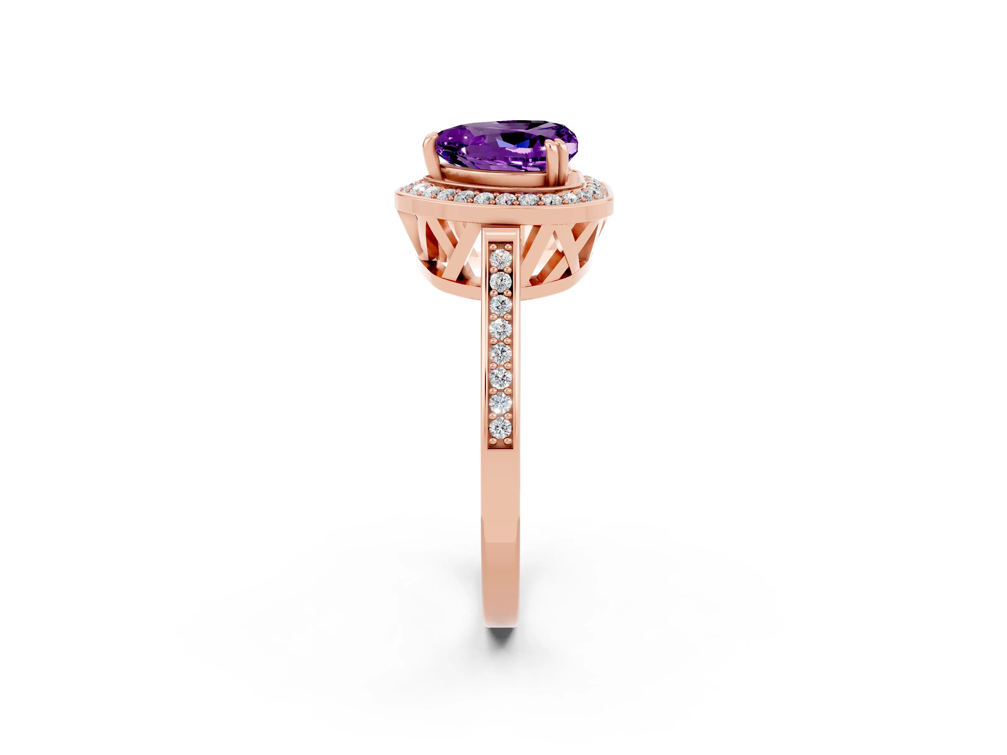 Rose gold {shape_name} Amethyst Halo Ring with Split Shank and Four-Prong Setting_2