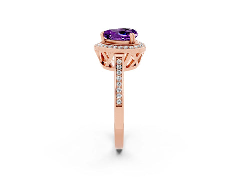 Rose gold {shape_name} Amethyst Halo Ring with Split Shank and Four-Prong Setting_2