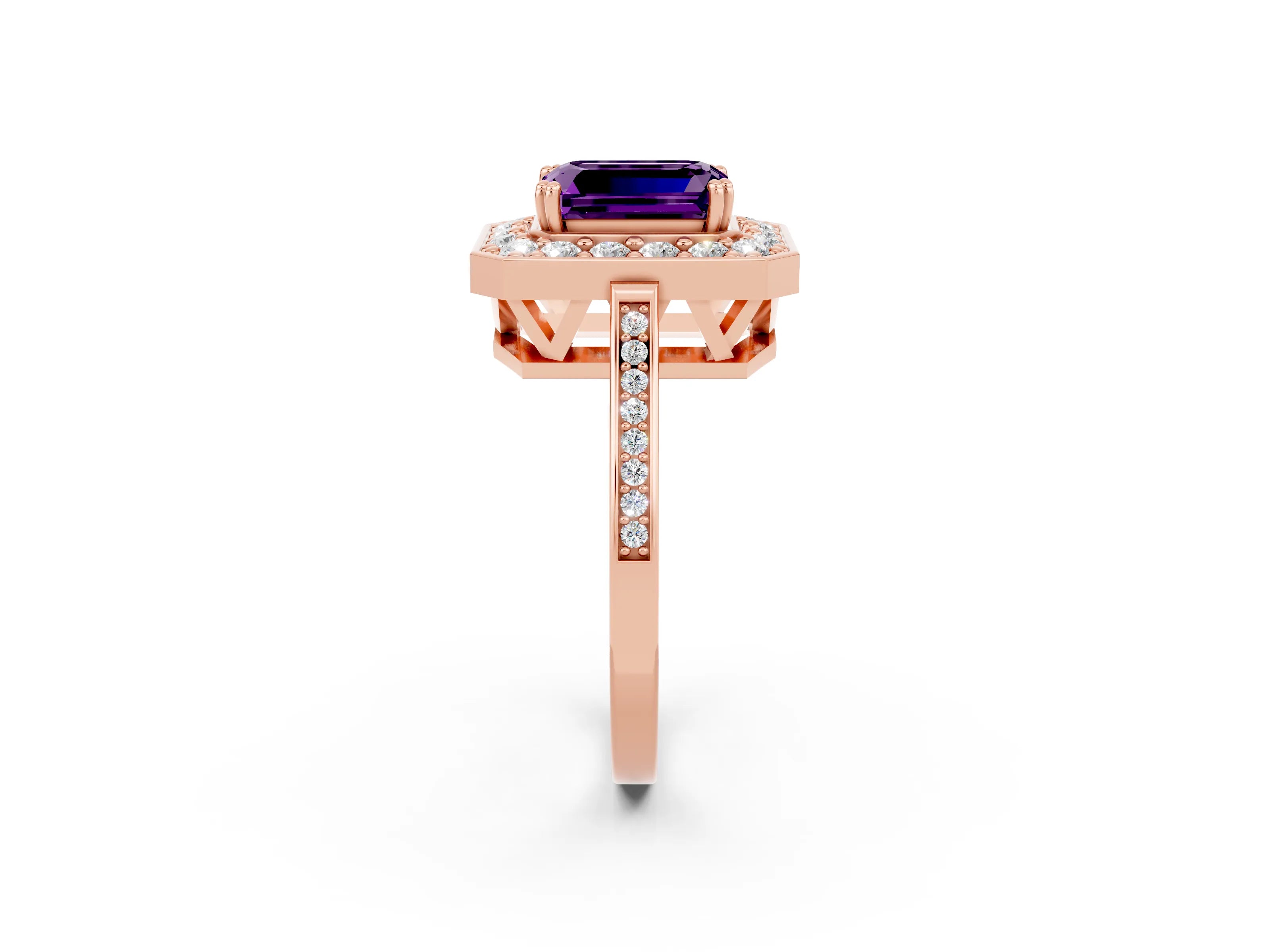 Rose gold {shape_name} Amethyst Halo Ring with Split Shank and Four-Prong Setting_2