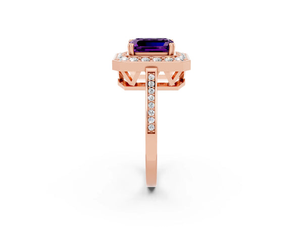 Rose gold Emerald Cut Amethyst Halo Ring with Split Shank and Four-Prong Setting