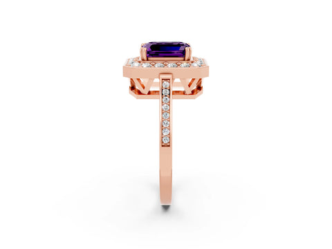 Rose gold {shape_name} Amethyst Halo Ring with Split Shank and Four-Prong Setting_2