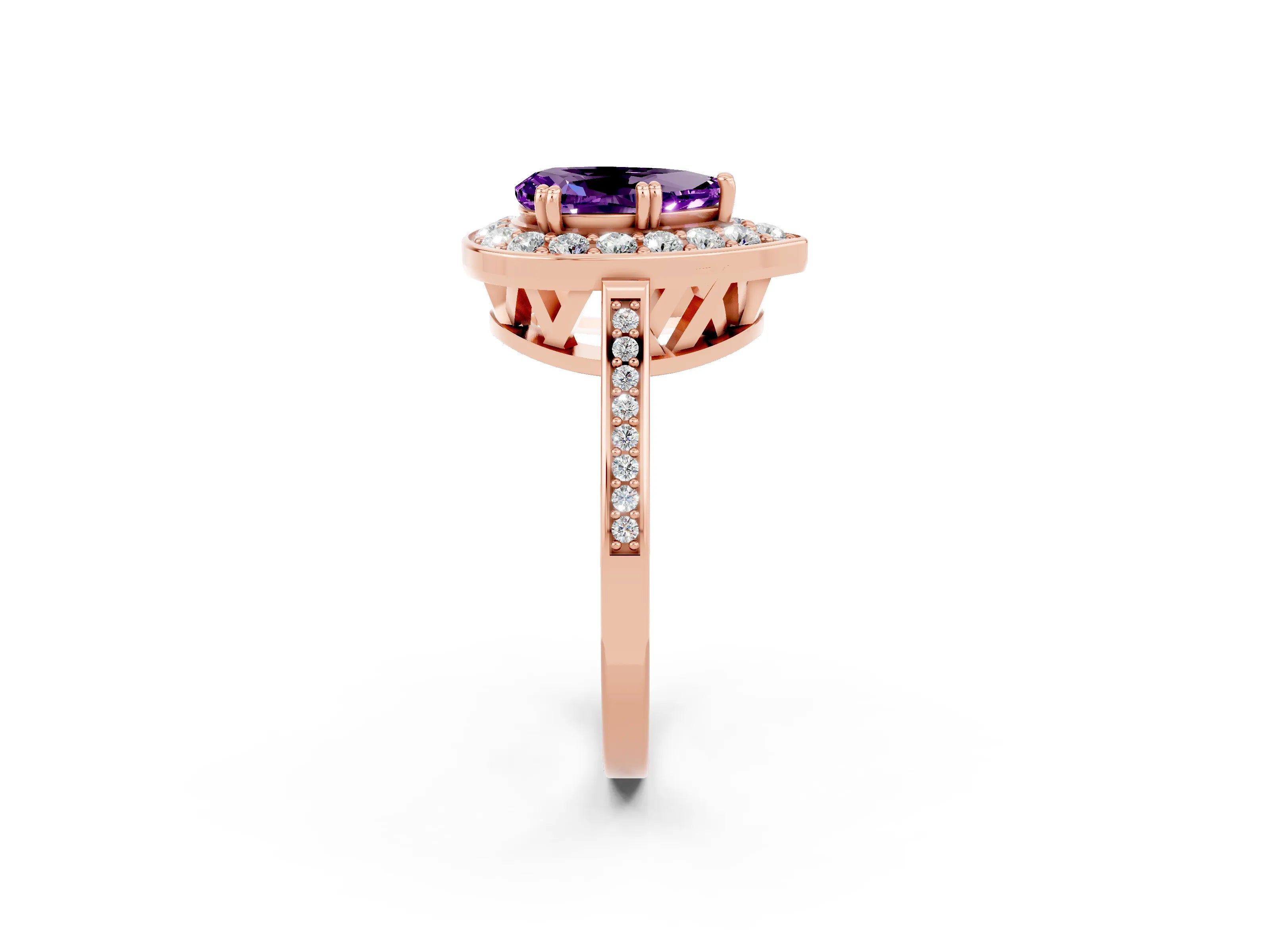 Rose gold {shape_name} Amethyst Halo Ring with Split Shank and Four-Prong Setting_2