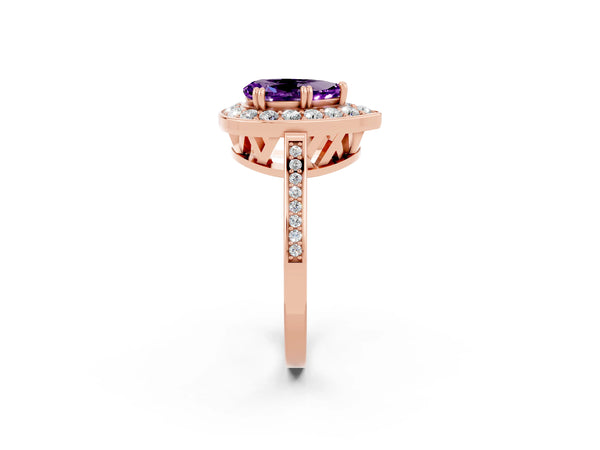 Rose gold Pear Cut Amethyst Halo Ring with Split Shank and Four-Prong Setting