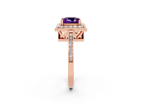 Rose gold {shape_name} Amethyst Halo Ring with Split Shank and Four-Prong Setting_2