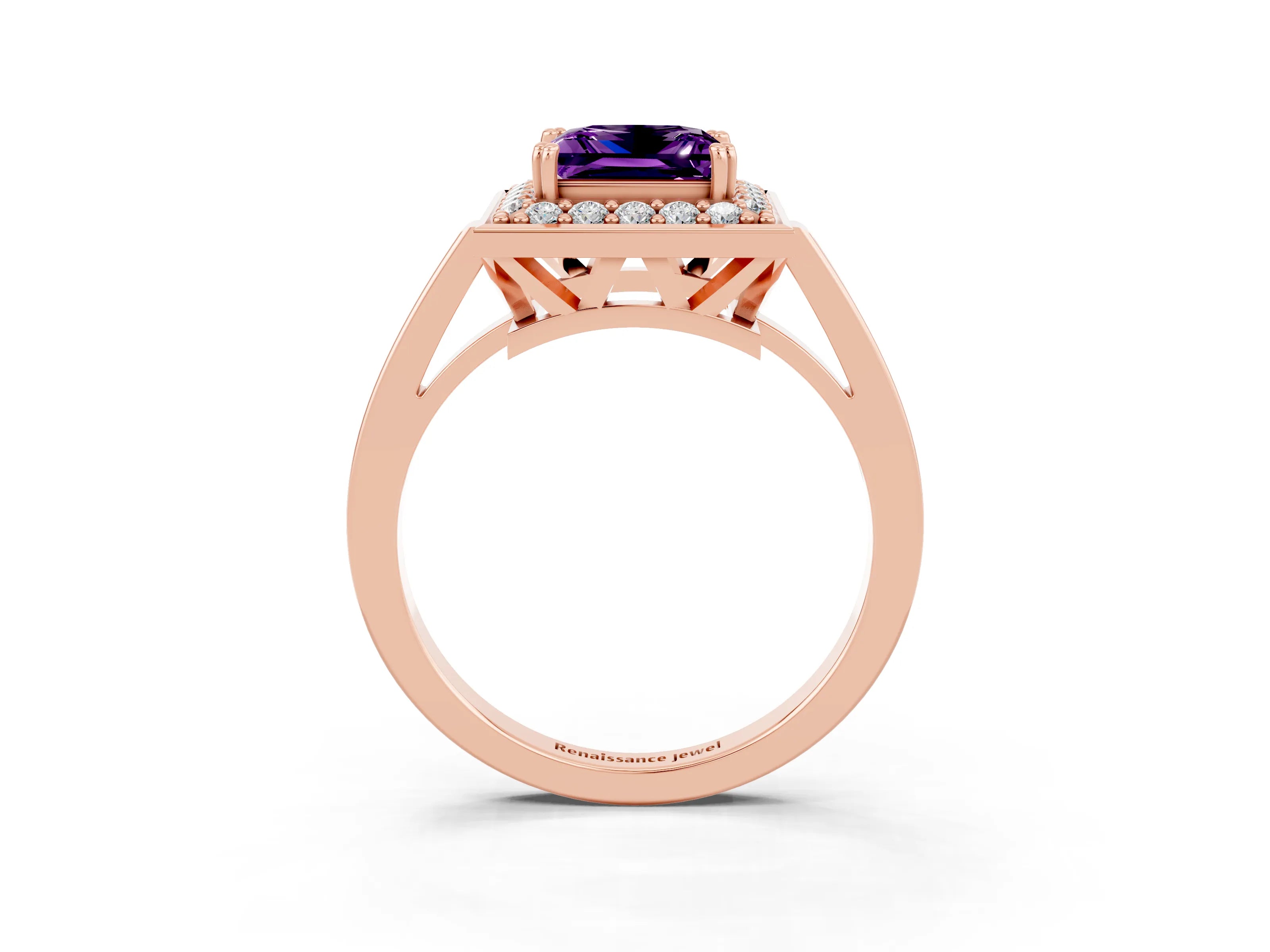 Rose gold {shape_name} Amethyst Halo Ring with Split Shank and Four-Prong Setting_3