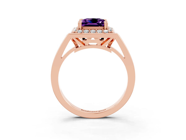 Rose gold Princess Cut Amethyst Halo Ring with Split Shank and Four-Prong Setting
