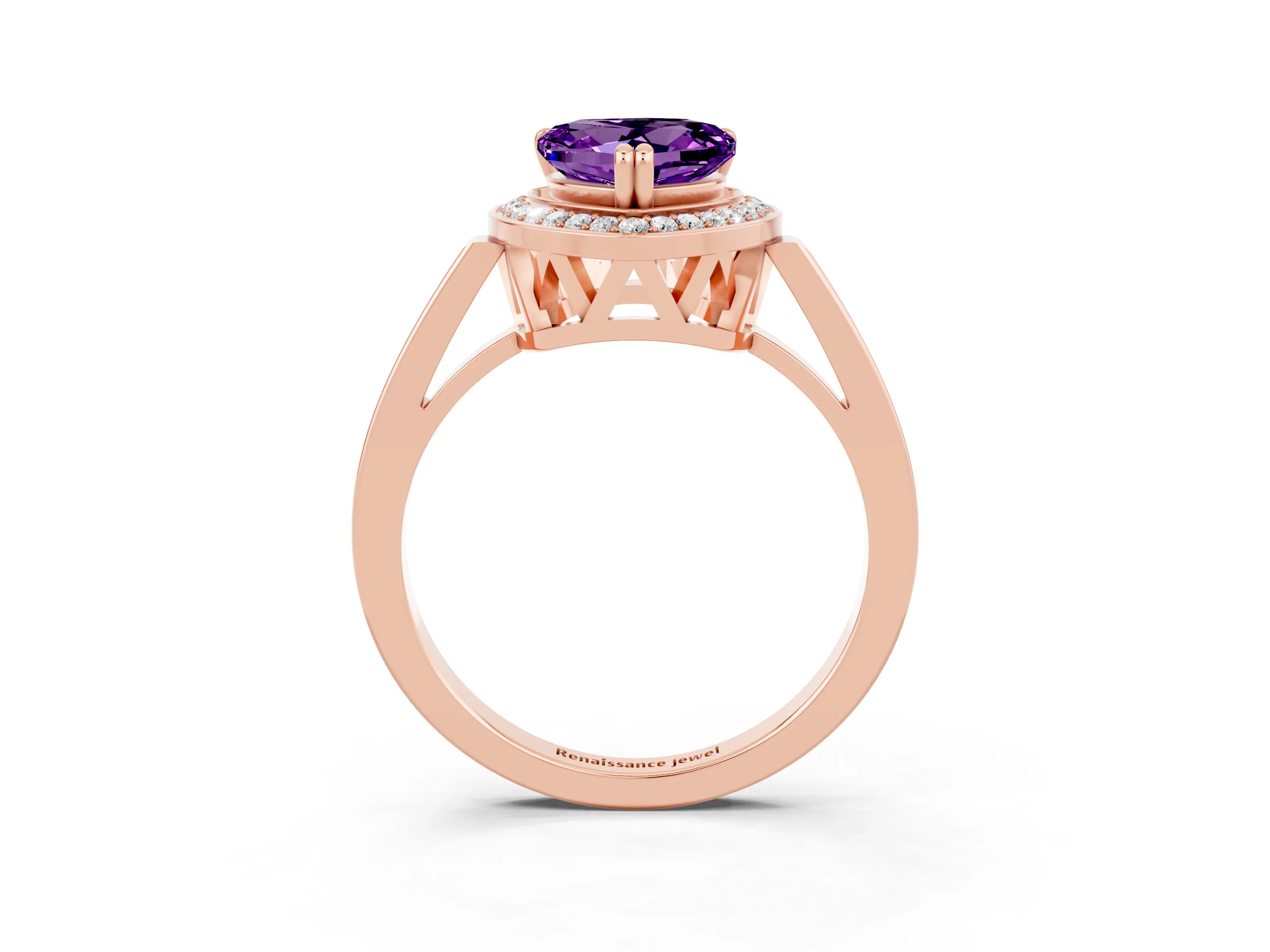 Rose gold {shape_name} Amethyst Halo Ring with Split Shank and Four-Prong Setting_3