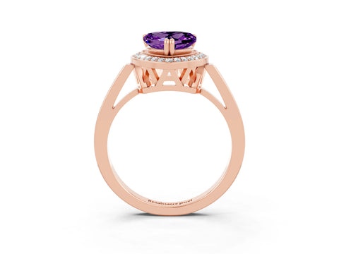 Rose gold {shape_name} Amethyst Halo Ring with Split Shank and Four-Prong Setting_3