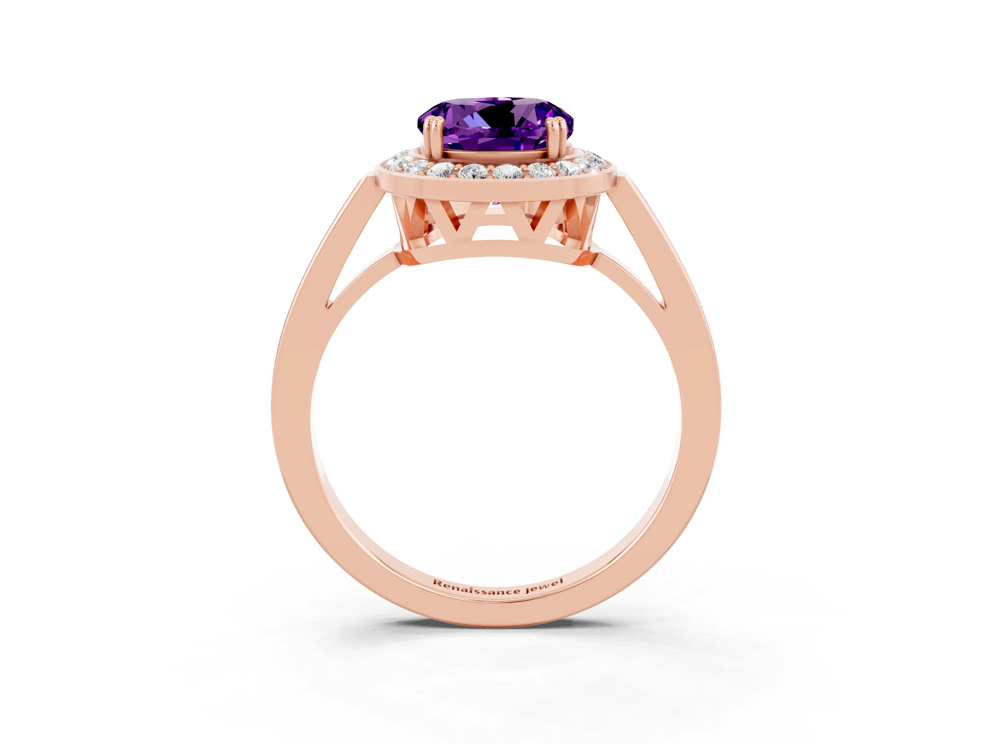 Rose gold {shape_name} Amethyst Halo Ring with Split Shank and Four-Prong Setting_3